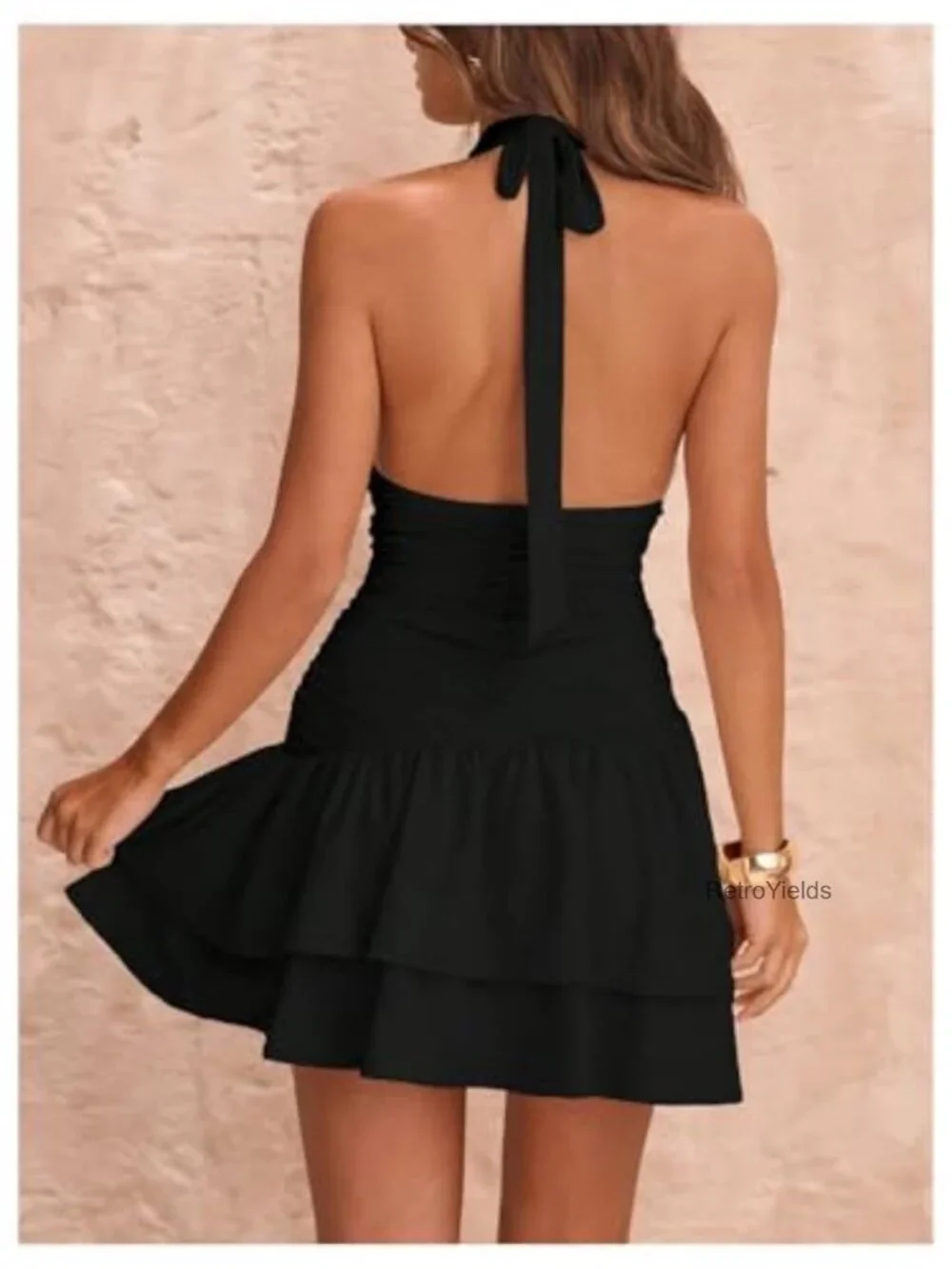Deep V Neck Ruched Halter Mini Dress Tie Front Asymmetrical Party Club Dress - Picture 2 of 5
